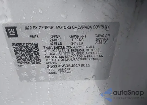 2018 Chevrolet Impala 1Lt from USA, damaged, VIN 2G1105S35J9178012